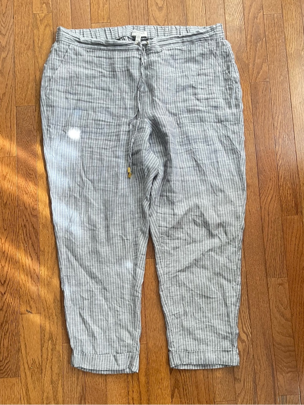 Ellen Tracy Gray Pinstripe Linen-Blend Drawstring Pants
